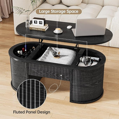 Fluted Lift Top Coffee Table with Storage, Oval Living Room Center Table with Hidden Compartment, Modern Mid-Century Wood Coffee Table for Small Spaces, Home Office, Living Room, Black