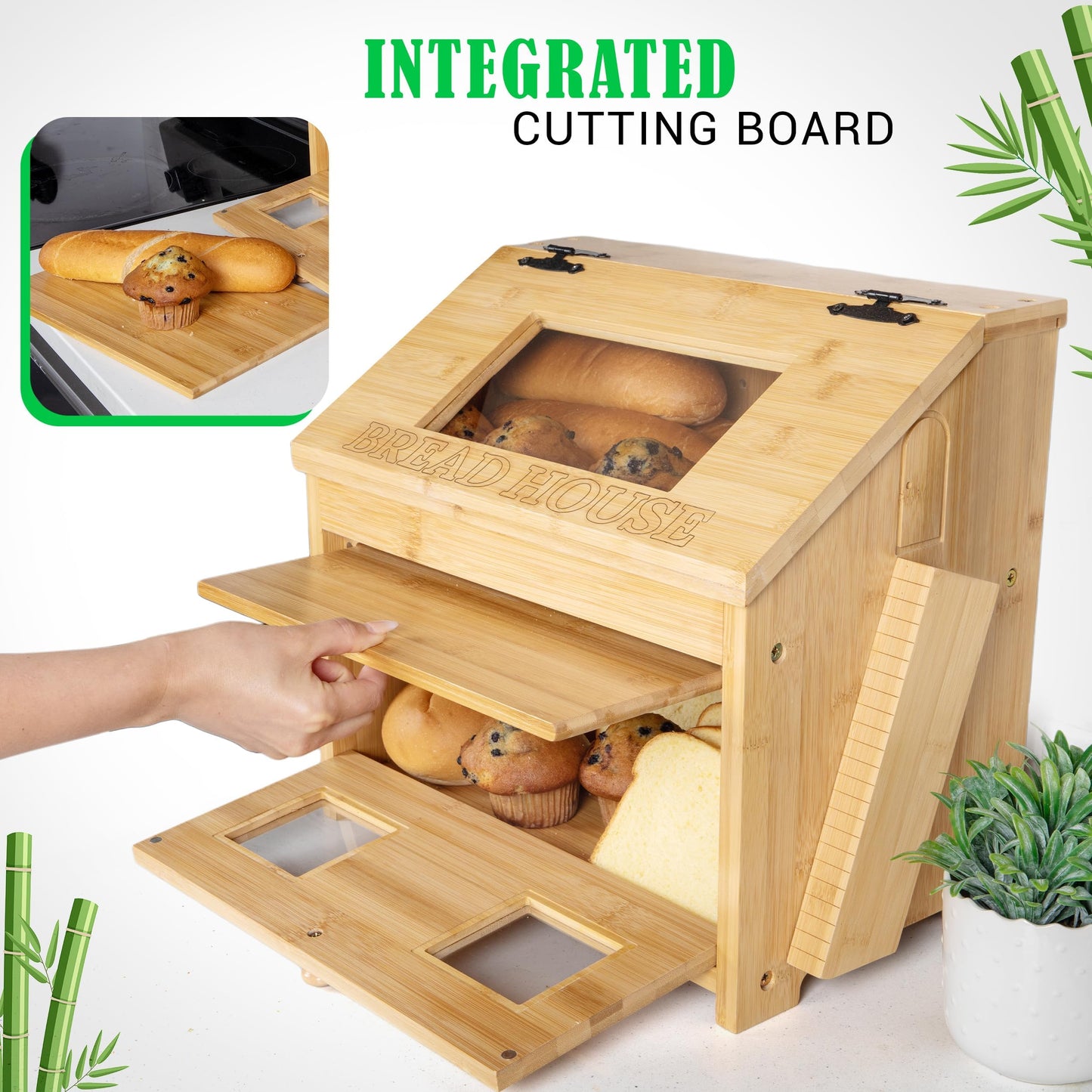 3J2 Discoveries Bread Box for Kitchen Countertop – Large Wooden Bamboo Bread Box with Cutting Board (SELF-ASSEMBLY)