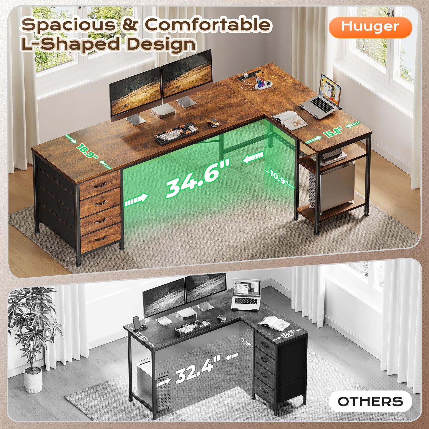 Huuger 63 Inch L Shaped Desk with Fabric Drawers, Computer Office Desk with Power Outlets and USB-C Port, Corner Desk with Storage Shelves, for Gaming Work Study Home Office, Reversible, Rustic Brown