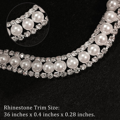FQTANJU 1 Yard Crystal Rhinestone Trim Chain 2 Rows Crystal Chain Banding Diamond Inlaid White Pearl Beaded Rhinestones Applique for DIY Clothing Wedding Decorations and Bridal Embellishments