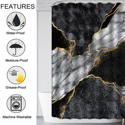 4 Pcs Marble Shower Curtain Sets, Gold Cracked Lines Crystal Geode Black Grey Bathroom Decor, Rug Toilet Lid Cover and Non-Slip U Shape Mat, Waterproof Polyester Shower Curtain with 12 Hooks, 72 x 72