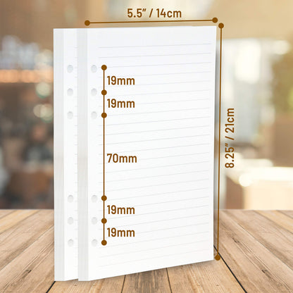 Wanderings A5 6-Ring Binder Planner Inserts - 8 1/4 x 5 5/8" - Thick Cream Color Lined 120 gsm Loose Leaf A5 Paper Refills Compatible with Filofax 6 Hole 100 Sheets 200 Lined Pages
