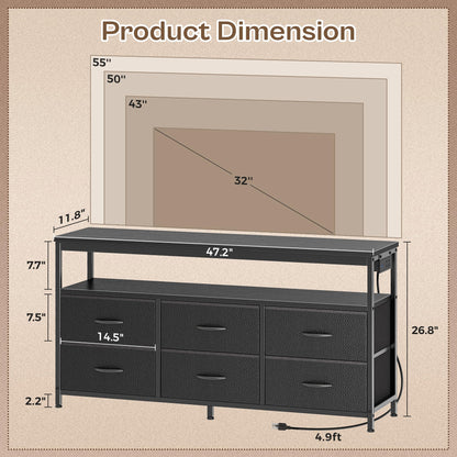 Huuger LED TV Stand for Bedroom, 47 Inch Dresser TV Stand for 43, 50, 55 Inch TV, Black TV Stand with Storage, Entertainment Center with Power Outlets, 6 Drawer Fabric Dresser for Living Room