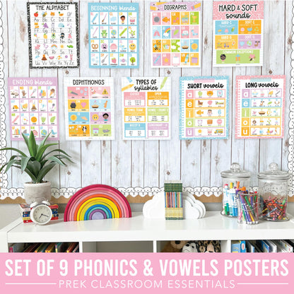 Hadley Designs Phonics Posters for Classroom Must Haves - 9 Sound Wall for Kindergarten & Elementary Teacher Supplies, Syllable, Vowels, Digraphs & Blends Bulletin Board Set, Pastel Classrom Decor