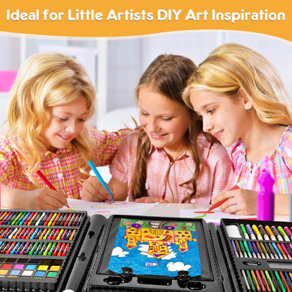 Art Supplies 332 Piece Drawing Art Kit Gifts for Girls Boys Kids Teens Gifts Art Set Case with Double Sided Trifold Easel, Stickers, Sketch Paper, Coloring Book, Pastels, Crayons, Pencils (Black)
