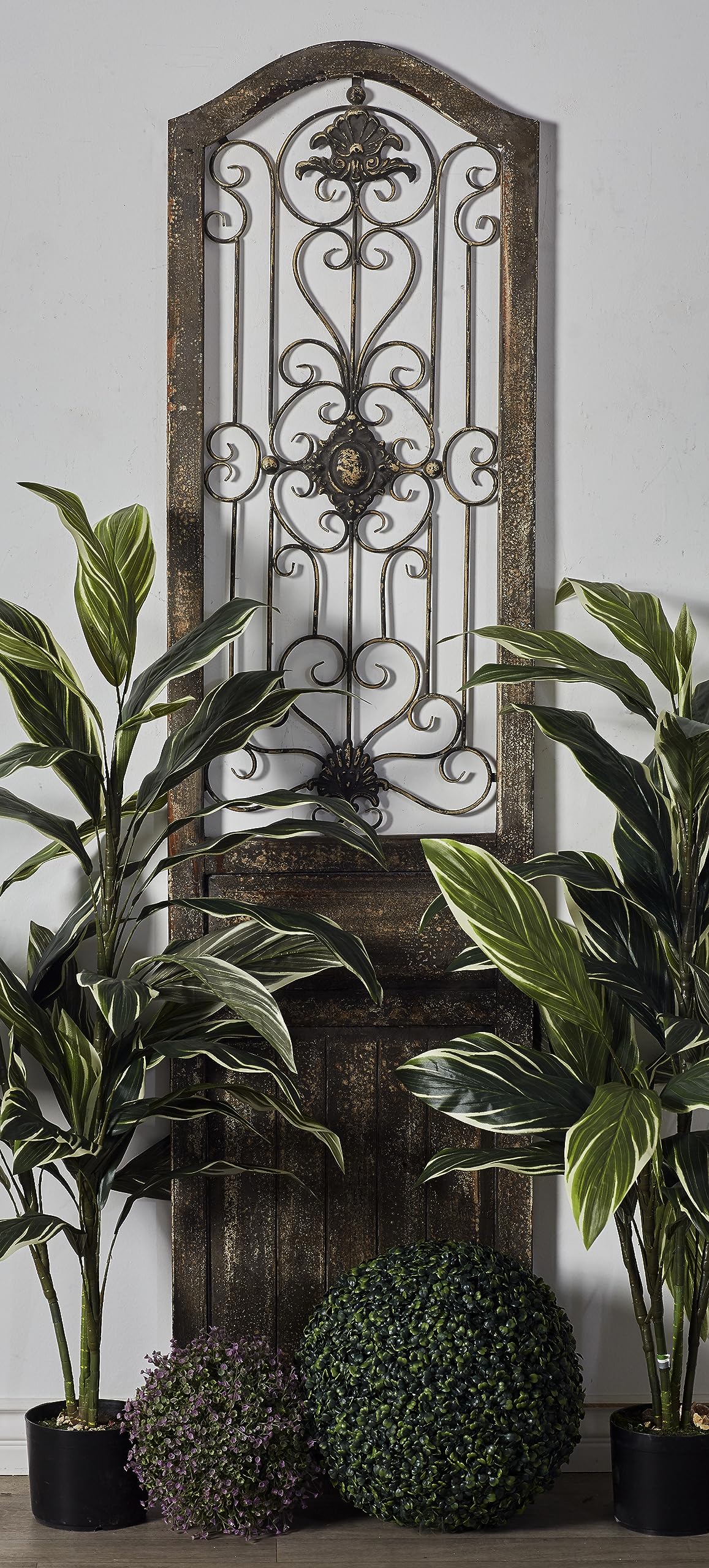 Deco 79 Wood Scroll Home Wall Decor Distressed Door Panel Wall Sculpture with Metal Wire Details, Wall Art 19" x 1" x 72", Brown