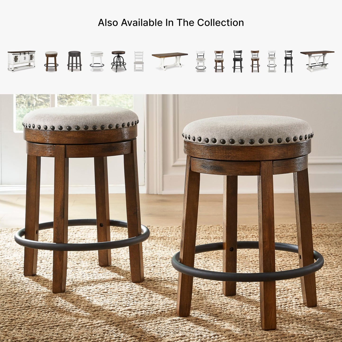Signature Design by Ashley Valebeck Upholstered Swivel Stool, Cushioned Seat, Woven Fabric Upholstery, Wood, 24" H, Brown & Black