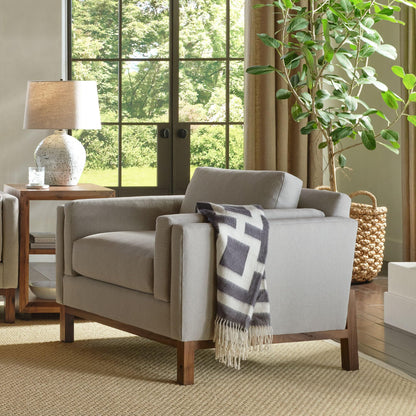 Stickley Saranac Chair, Lounge Chair, Solid Rustic Walnut Base, Sustainable Construction, Sewn-in Pillows, Sustainable Easy-Care Fabric, Square Legs, Made in USA