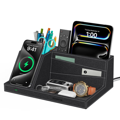 Investme Wireless Charger with Desk Organizer, Fast Charging Station for iPhone 16/15/14/13/12/11 Pro Max, Desk Phone Charger Stand, Desktop Nightstand Organizer Pen Holder for Home Offfice Supplies