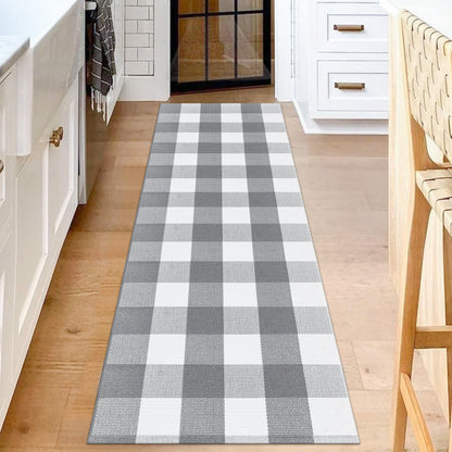 Aoczes Buffalo Plaid Runner Rug 2x6 Feet Grey and White Checkered Runner Rug Cotton Woven Farmhouse Floor Mat Washable Rugs for Hallway Kitchen Laundry Bedroom Living Room