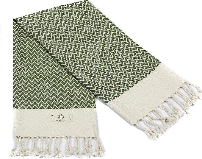 Madamelique Exclusive Hand Towels Set of 2-18 x 40 Inches - Decorative Bathroom Peshtemal Towel for Hand, Face, Hair, Yoga, Tea, Dishcloth, Kitchen and Bath - 100% Pure Cotton (Olive)