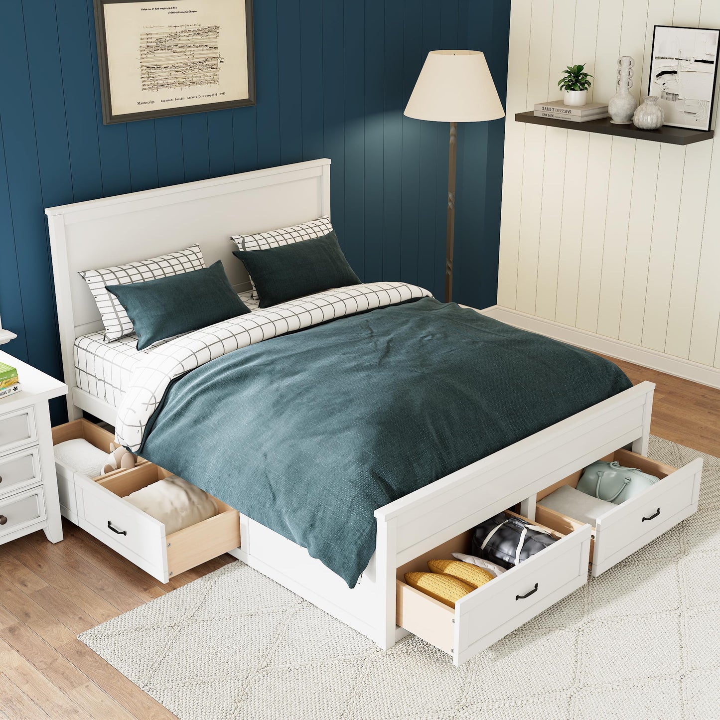 GDFStudio Queen Size Storage Bed Frame with 6 Drawers, 48.8" Tall Headboard Platform Bed Frame with Wooden Slats, Modern Bedroom Storage Furniture, No Box Spring Needed, White