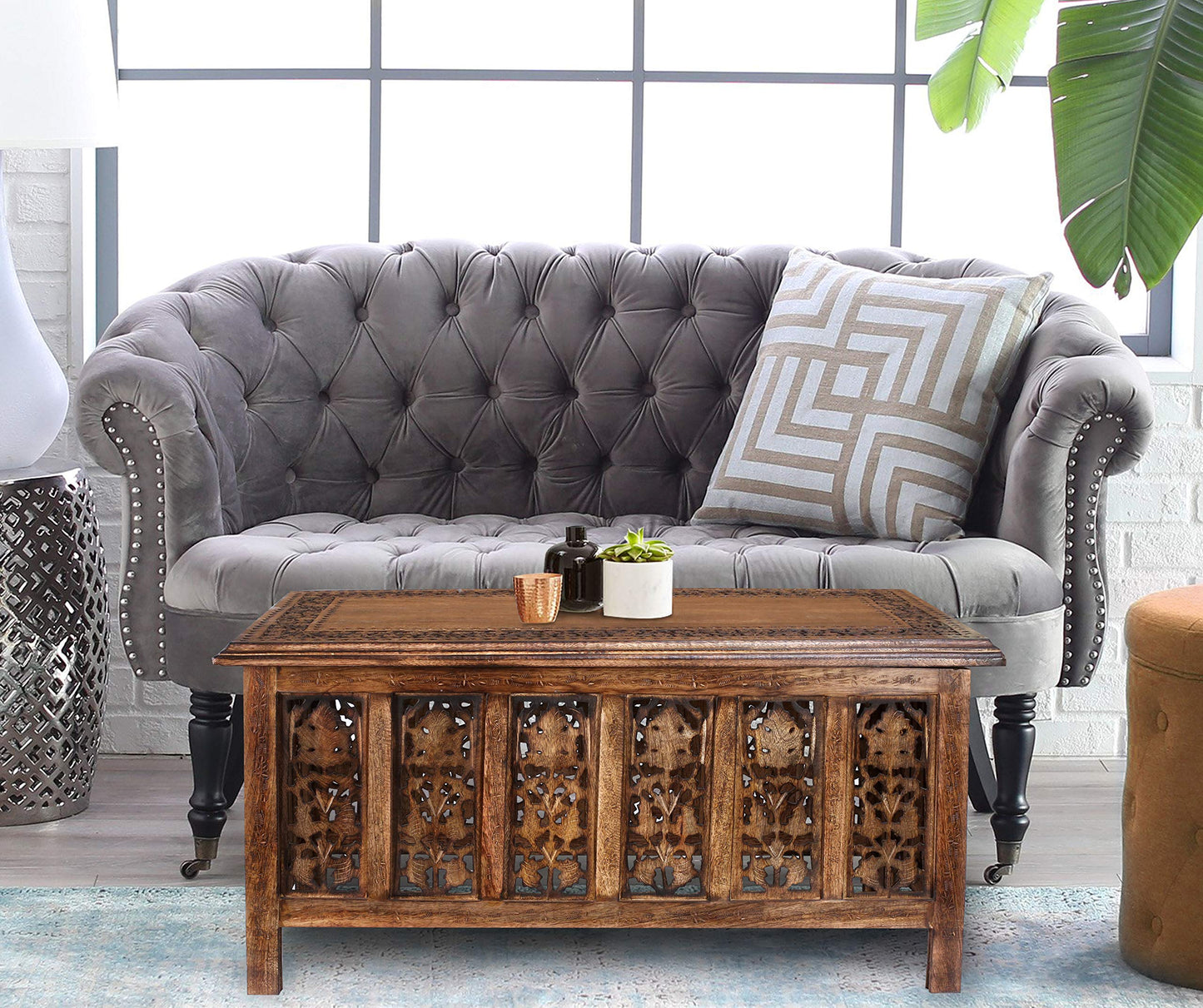 Coffee Table 36x18 Inch – Hand-Carved Solid Wood Center Table, Vintage Burnt Finish Modern Coffee Table for Living Room, Entryway Table for Magazines, Books & Plants
