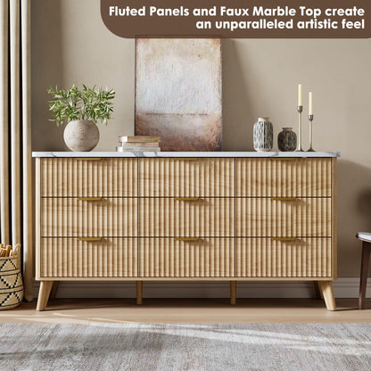 Fluted Dresser for Bedroom with 9 Deep Drawers, 60.6" Wide Modern Chest of Drawer with Faux Marble Top, Wooden Dresser TV Stand, Curved Profile Design, for Living Room, Kids Room, Hallway, Natural Oak
