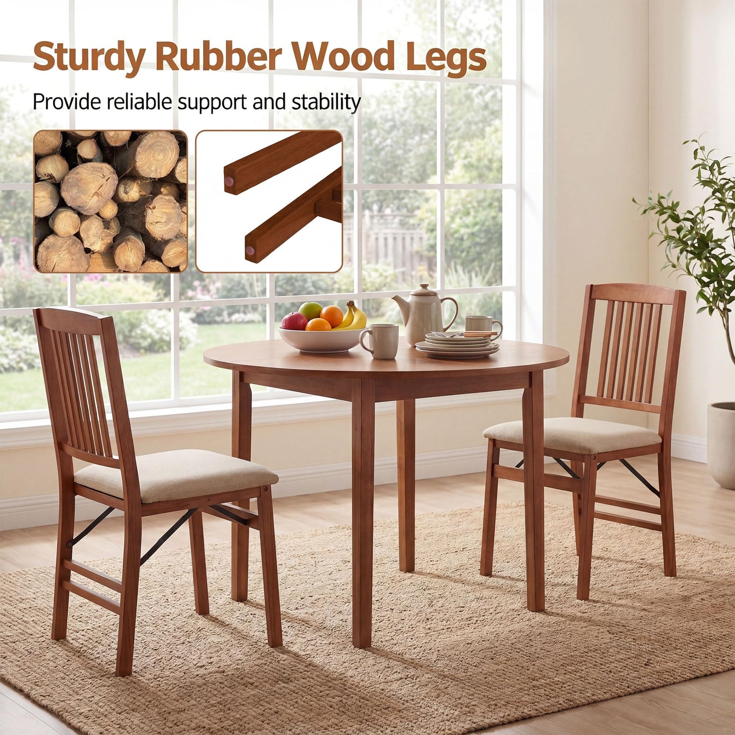 COSTWAY Folding Dining Chairs Set of 2, Wooden Kitchen Side Chairs w/Padded Seat, Solid Wood Frame, 420 LBS Load Bearing, No Assembly Needed, Vintage Foldable Chairs for Dining Room, Living Room