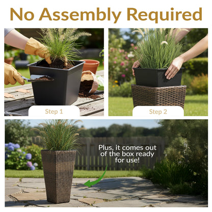 Sunnydaze Square Tall Wicker Outdoor Planter Set of 2 - Polyrattan Large Outdoor Planters for Porch, Patio or Garden - 20" Tall Plant Pots - Brown