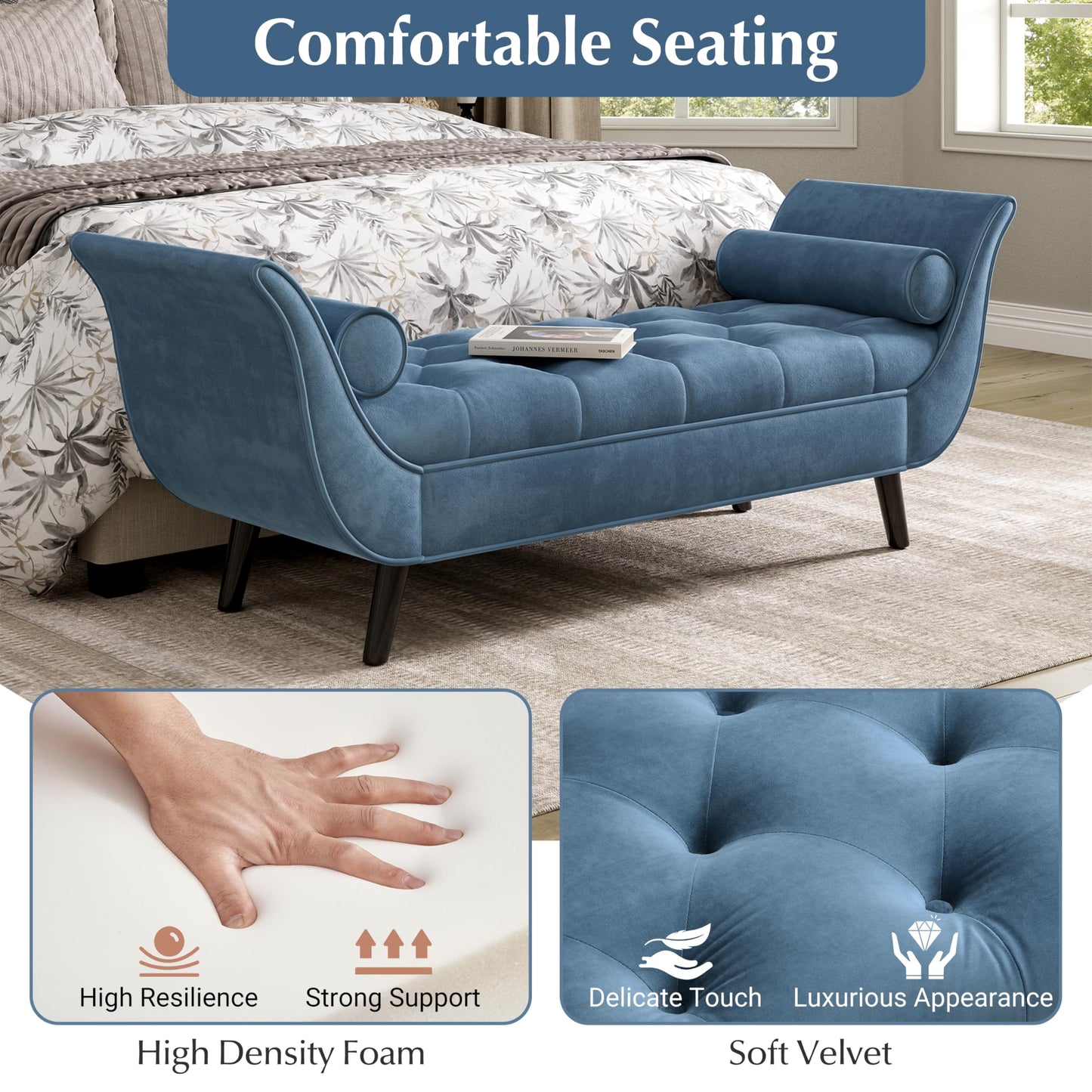 Christopher Knight Home Jolie Modern Velvet Upholstered Ottoman Bench with Pillow, Wooden Bedroom End of Bed Bench, Entryway Ottoman Foot Rest, Living Room Sofa Extra Seat, Blue