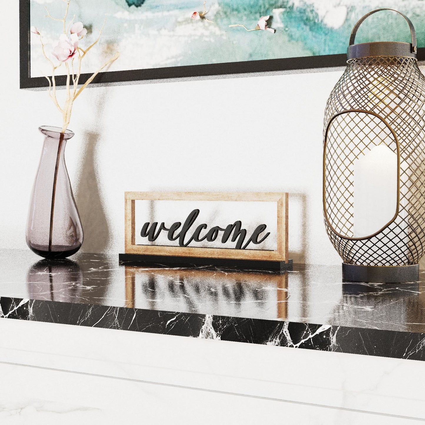AquaChase Wooden Framed Welcome Table Sign, 13"x5" Rustic Freestanding Entryway Decor, Floating 3D Cutout Letters, Farmhouse Home Ornament for Shelves, Mantle or Windowsill