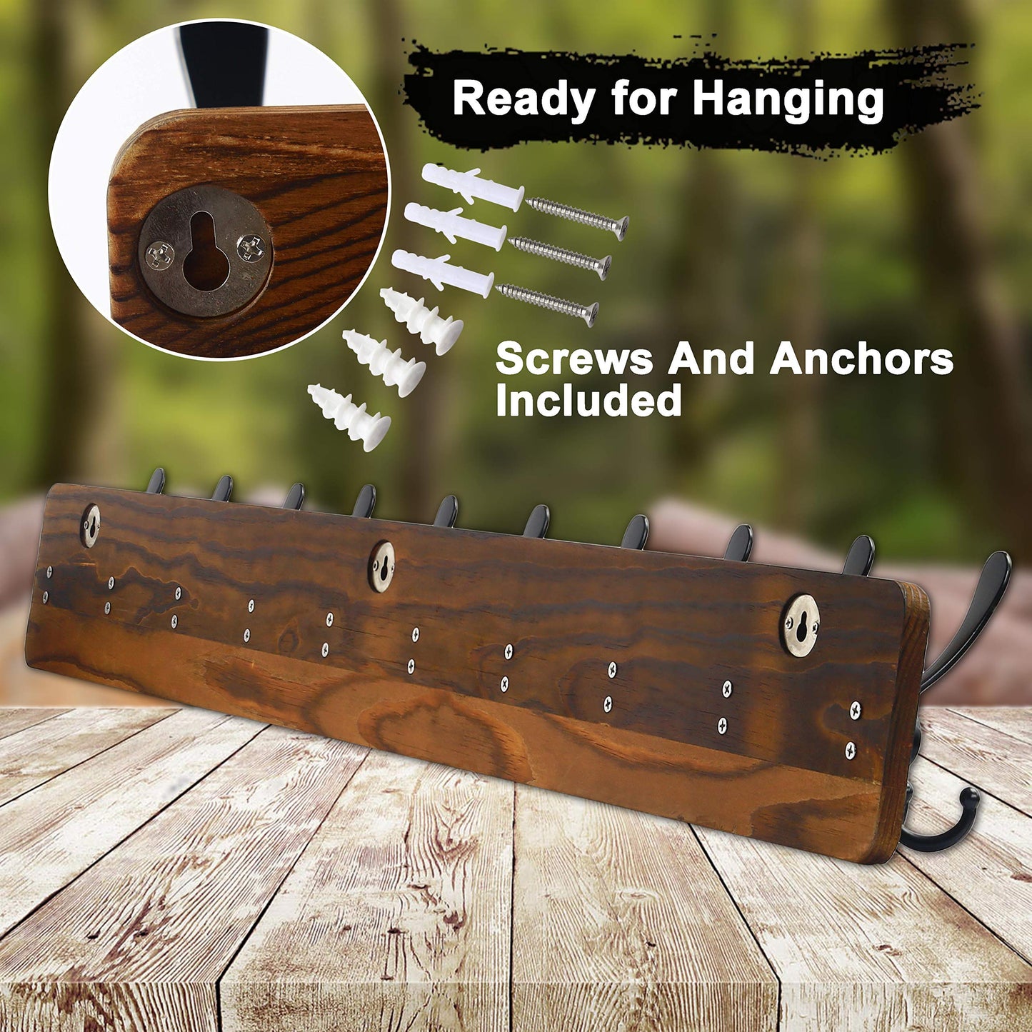 Dseap Coat Rack Wall - Heavy-Duty 38-1/4" Long, with Reinforced 10 Custom Tri-Hooks, Solid Wood Wall Hanger for Coats Hat Jackets - Rustic Farmhouse Entryway Hallway Storage, Natural & Black