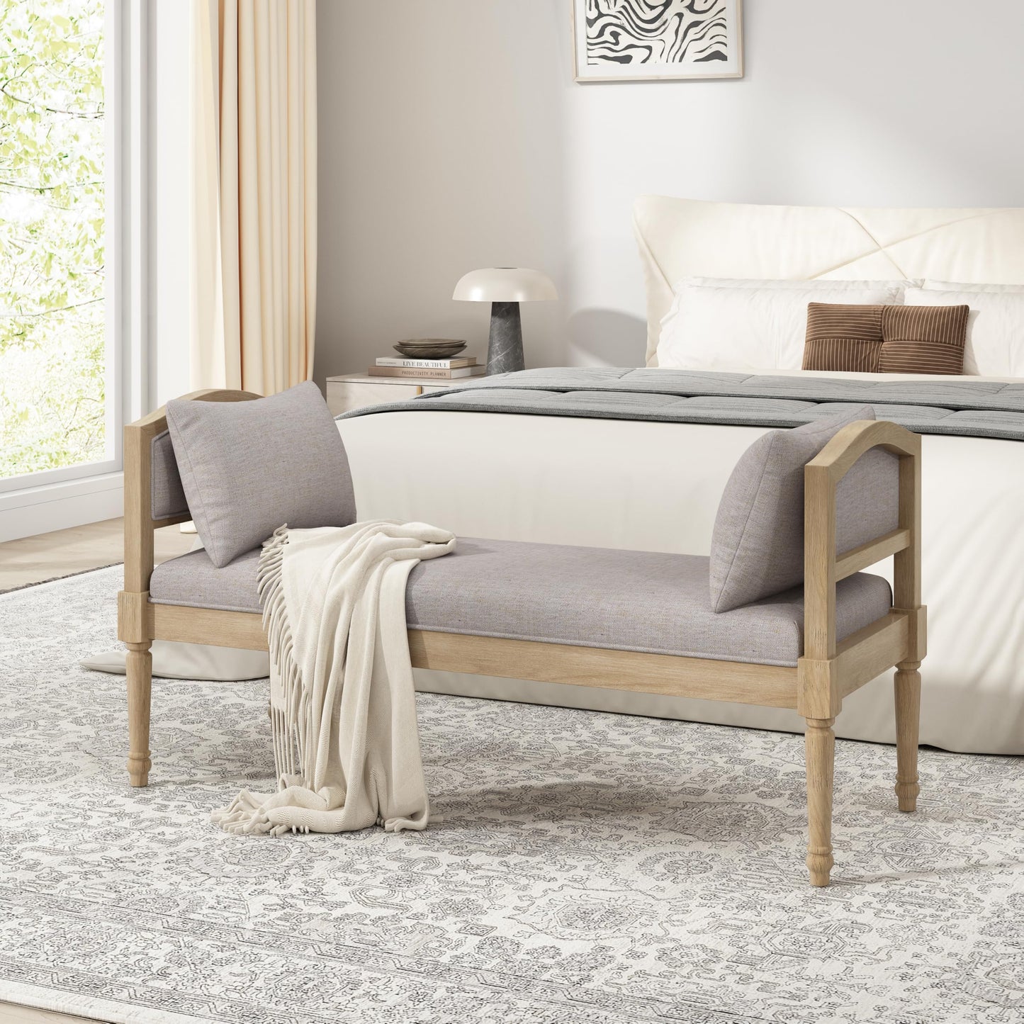 Christopher Knight Home Upholstered Bench with Turned Wood Legs and Side Cushions, Farmhouse Accent Bench, Solid Wood Frame Entryway End of Bed Bench, Greige Cushion and Finish