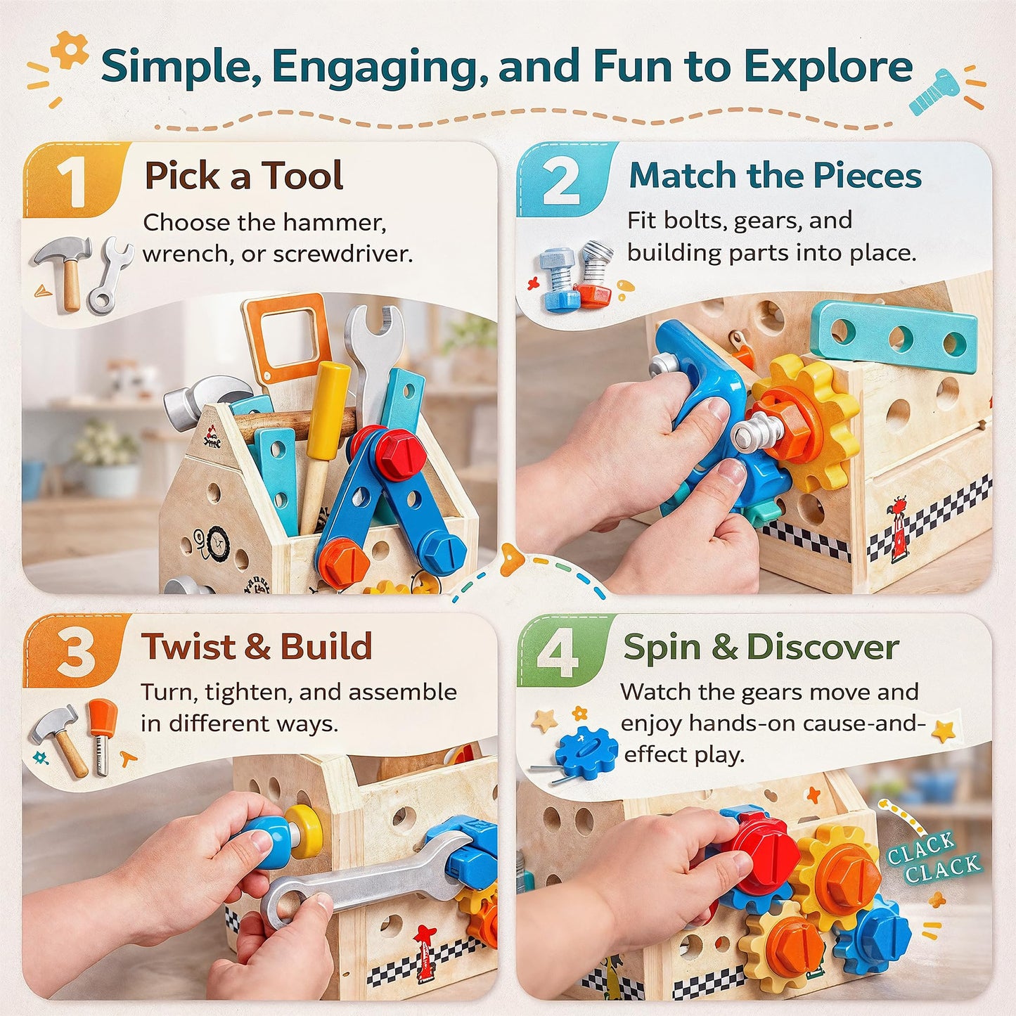 puzgic Educational Stem Kid Toys – Wooden Tool Set 4-in-1 Activity Board with Latches, Screw Assembly, Gear Game & Storage – Pretend Construction Toy for 3, 4,5,6,7 Years Boys & Girls