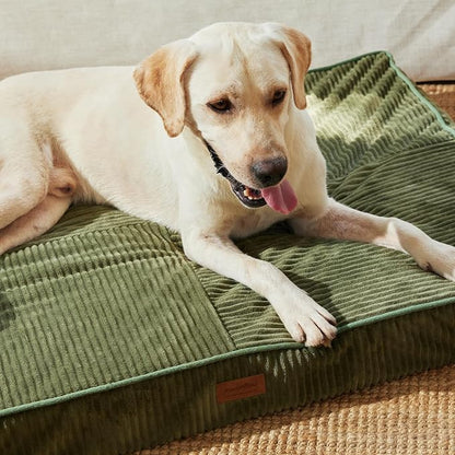 FUKUMARU Dog Bed, Thickened Corduroy Orthopedic Dog Beds with Washable Cover, XL Waterproof Dogs Bed for Crate, 28D Egg Crate Foam Support Pet Mat, Cozy Pet Bed Pad with Anti-Slip Bottom, Green