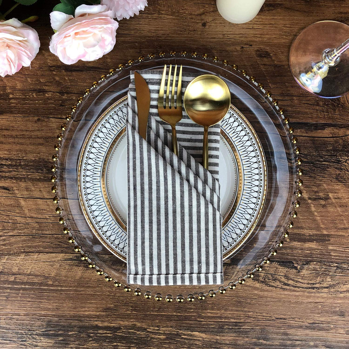 INFEI Plain Striped Cotton Linen Blended Dinner Cloth Napkins - Set of 12 (40 x 30 cm) - for Events & Home Use (Brown)