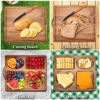 Acacia Wooden Cutting Boards for Kitchen, 2 in 1 Charcuterie Boards and Serving Tray with Compartments, Foldable Wood Cutting Board Camping Parties Housewarming Wedding Gift Serving Platters and Trays