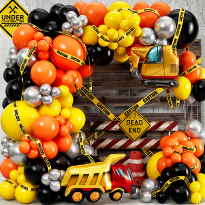 ALL-IN-1 Construction Balloon Arch Kit with BONUS Caution Tape & Truck Balloons - Construction Balloons for Excavator Birthday Decorations - Construction Birthday Party Supplies & Decorations