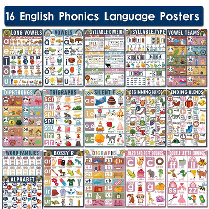 16 Sound Wall Classroom Phonics Language Arts Charts for Kids Toddler Learning Vowels Sounds, Phonics Posters for Classroom, Digraphs and Blends Poster, Reading Poster, Sound Wall Phonics Routine（16 x 11 Inch）