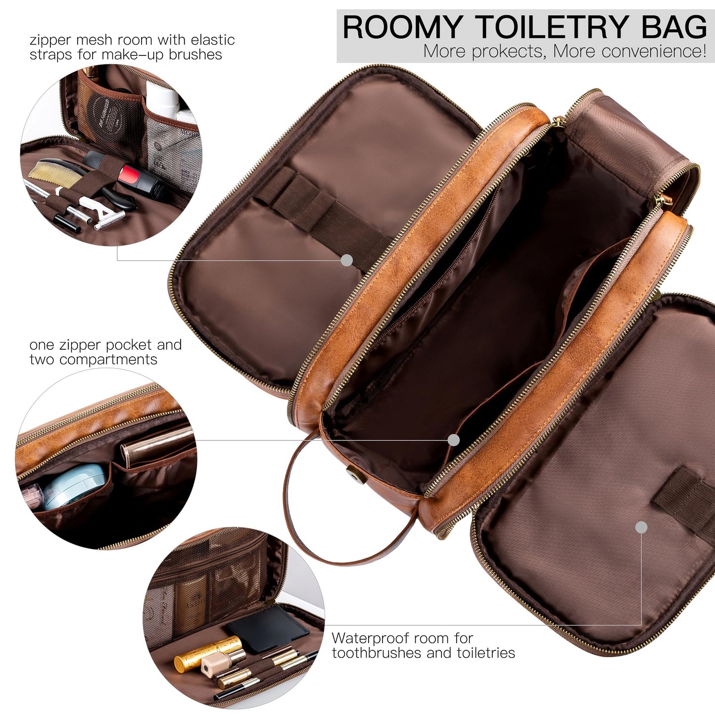 Elviros Toiletry Bag for Men, Large Travel Shaving Dopp Kit Water-resistant Bathroom Toiletries Organizer PU Leather Cosmetic Bags