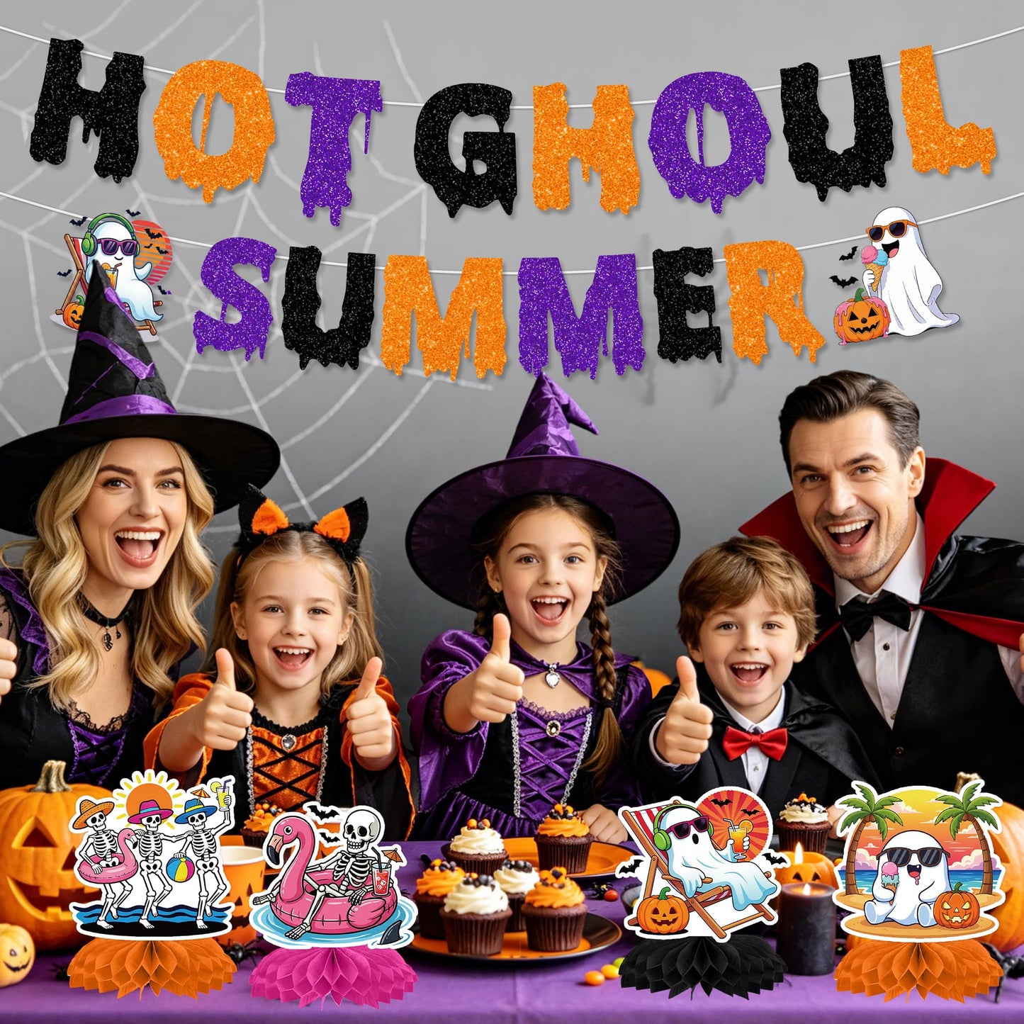 RUBOAOA Summerween Party Decorations, 14 Pcs Hot Ghoul Summer Decor with Banner Hanging Swirl Honeycomb Centerpieces, Tropical Spooky Ghost Skeleton Halloween Decor for Summer Beach Pool Luau Birthday