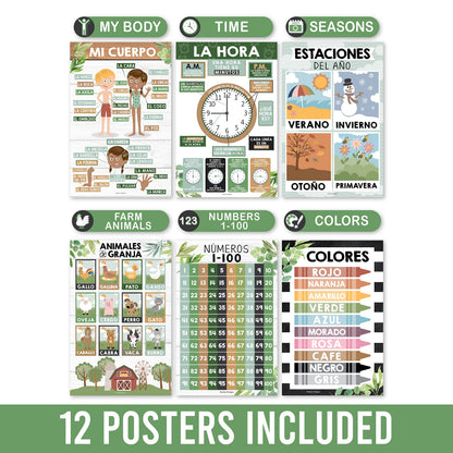 Hadley Designs Spanish Posters for Classroom - 12 Bilingual Educational Posters for Spanish Classroom Decorations Must Haves, Calendario y Alfabeto en Español Para la Pared, Farmhouse Teacher Supplies