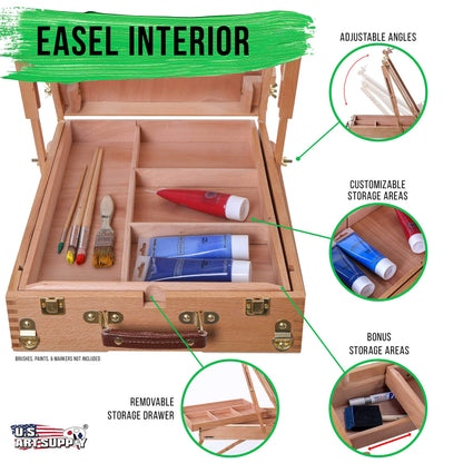 U.S. Art Supply Large Beechwood French Easel, Adjustable Plein Air Easels Sketchbox Tripod for Field & Studio Painting Easel for Adults, Drawing, Display - Portable with Artist Drawer & Palette