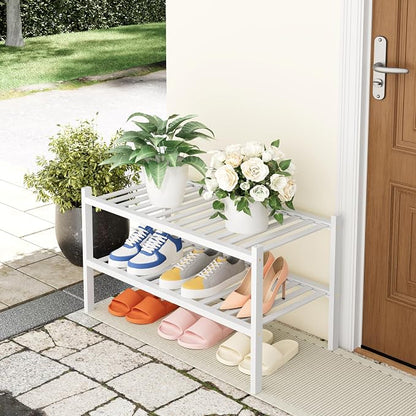 Smiry Bamboo Shoe Rack, 2 Tier Free Standing Wooden Shoe Organizer, Stackable Wood Shoe Storage Shelf for Closet, Entryway, 14 Vertical Slats, One-piece Heavy-Duty Legs, 26.8"x11"x13", White