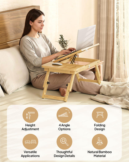 Bamboo Lap Desk,Adjustable Bed Desk with 4 Angle Options and Folding Design,Laptop Stand for Bed,Writing,Office Work,Drawing,Sofa & Travel