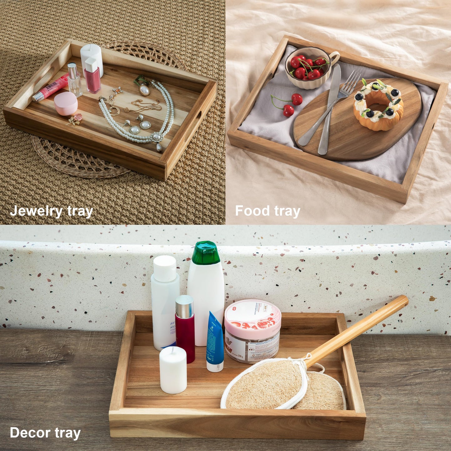 Natural Acacia Wooden Rectangular Serving Tray with Handles, Set of 2 (15"x11" & 13.6"x9.6"), Large Tray for Ottoman, Breakfast in Bed, Dinner, Coffee Table Decor & Kitchen
