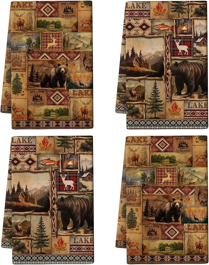 Vintage Rustic Kitchen Towel Set of 4, Lodge Bear Mountain Dish Towels