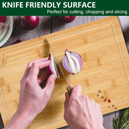 Funnydin 3PCS Bamboo Cutting Board Set - Durable Wooden Cutting Boards with Deep Juice Grooves & Built-in Handles & Hanging Holes, Ideal for Chopping Meat, Vegetables, Dishwasher Safe