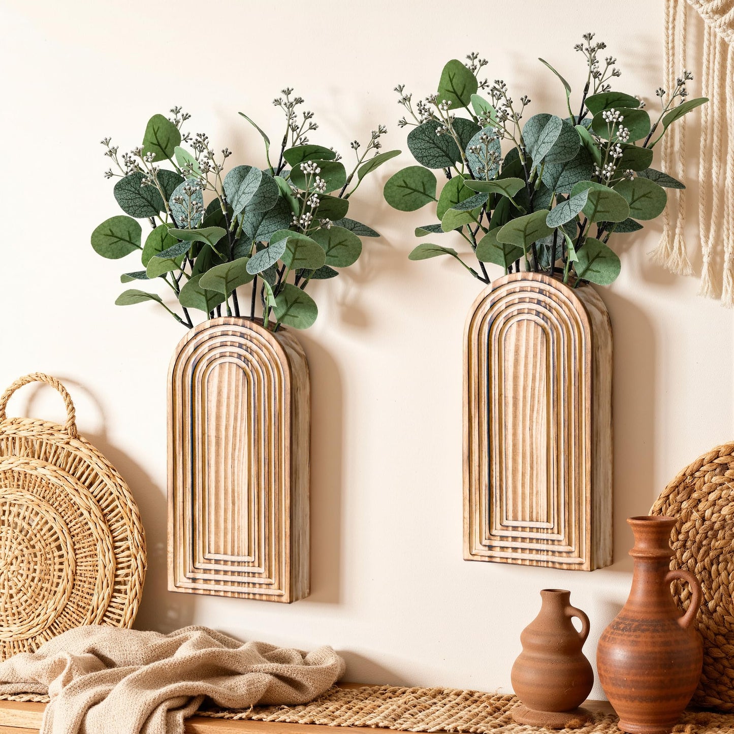 DREAMLOOM 2 Pack Wooden Wall Vases with Fake Plants, Wall Hanging Planters Boho Modern Farmhouse Indoor for Narrow Spaces Entryway Bathroom Home Office Decoration, White