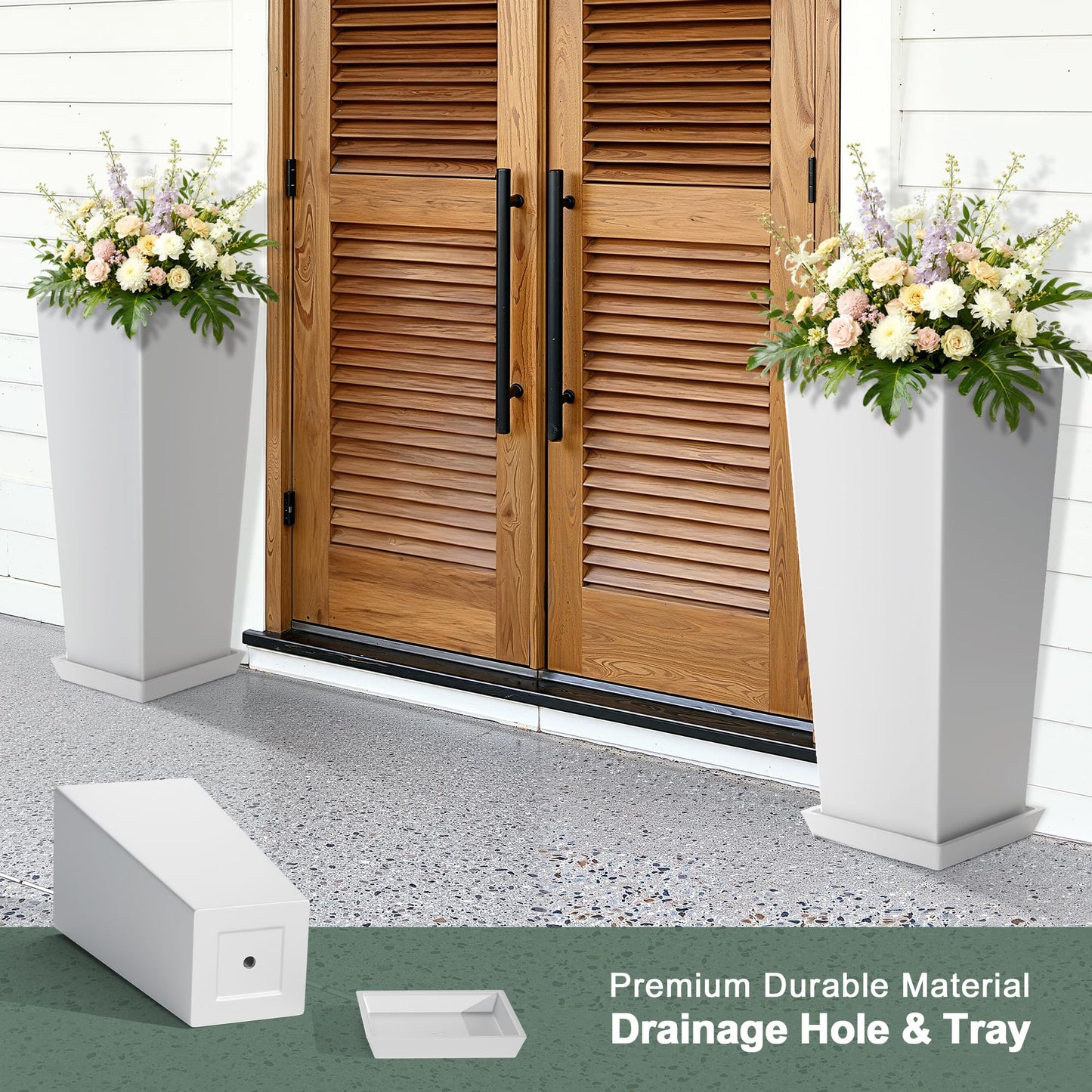 PolarcoForgeco 24" Tall White Planters for Outdoor Plants Set of 2, Large Flower Pots Planters with Drainage Holes & Tray, Modern Indoor Tapered Tall Planter for Front Porch