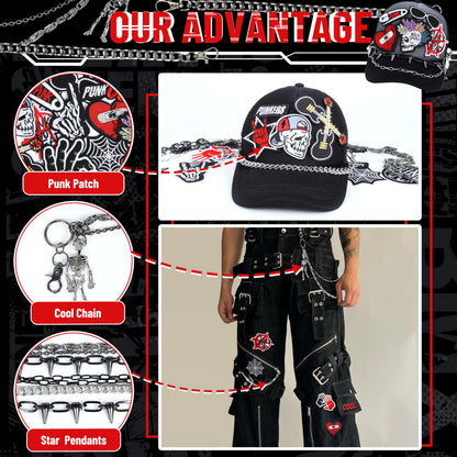Meneng Punk Chains Kit for Men: 24PCS Black Hats Pants Chain with Embroidered Patch - Goth Hip Hop DIY Crafts for Jeans Wallets Belts Pockets Trucker Hats