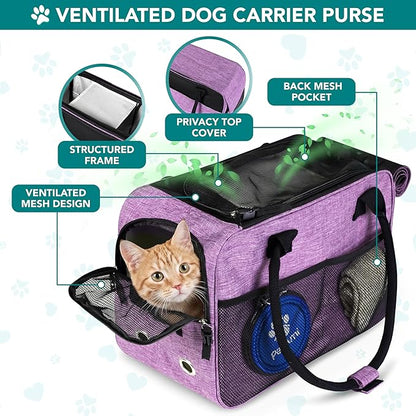 PetAmi Dog Purse Carrier for Small Dogs, Airline Approved Soft Sided Pet Carrier with Pockets, Ventilated Dog Carrying Bag for Puppy Cat, Dog Travel Supplies Bag, Sherpa Bed, Max 12 lbs, Purple