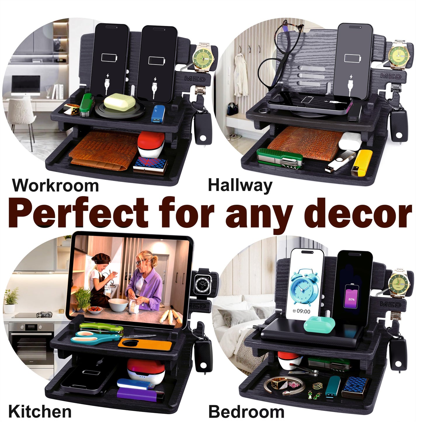 MED Wood Phone Docking Station for Men – Nightstand Organizer & Charging Station for Multiple Devices – Birthday Gift for Husband Dad, Father's Day – Holds Phone, Watch, Wallet, Keys (Black)