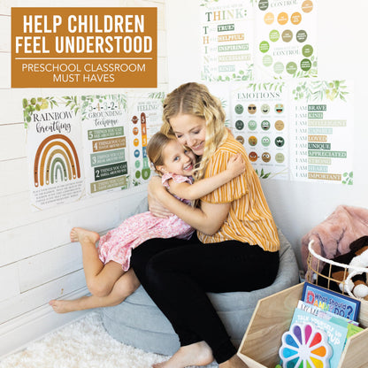 Hadley Designs 8 Calming Corner Posters for Classroom Must Haves -Calm Down Corner Supplies with Emotions Chart,School Counselor Mental Health Poster, Feelings Chart For Kids, Greenery Classroom Decor