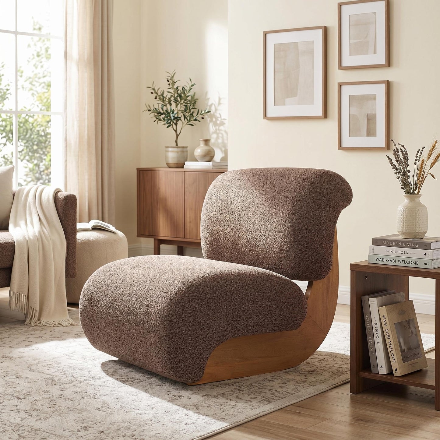 Christopher Knight Home Cubis Low Profile Accent Chair, Modern Living Room Armless Lounge Chair, Boucle Upholstered Reading Chair, Wooden Frame and Thick Padded Seat, Brown