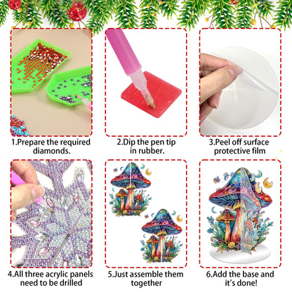 Ginfonr Tabletop Diamond Art Painting Kit, Double Sided Special Shaped Rhinestone Desk Placement Ornament, Mushroom Acrylic Easy-Assemble Home Stand Up 5D Gem Painting Craft Kit, Gift