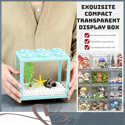 Small Betta Fish Tank, Stackable Mini Fish Tank Tiny Aquarium Kit with Aquarium Gravel & Resin Decorations, 0.6 Gallon Cube Desktop Fishbowl for Snails, Crabs, Starfish (Light Blue)