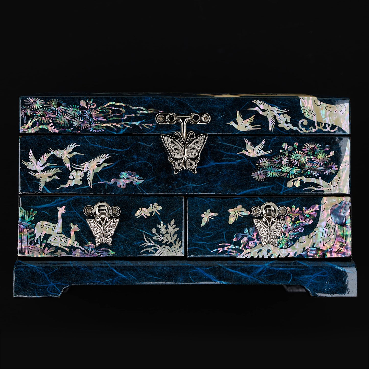 MADDesign Mother of Pearl Lacquered Jewelry Box Two Level Cranes Blue