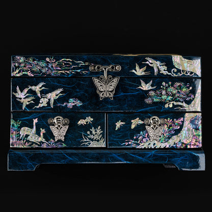 MADDesign Mother of Pearl Lacquered Jewelry Box Two Level Cranes Blue